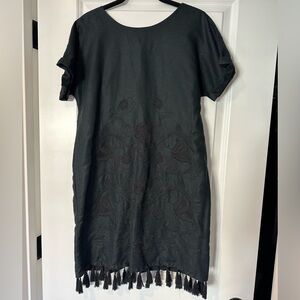 Madewell Linen Cotton Blend Black Shift Dress with Floral embroidery, size S